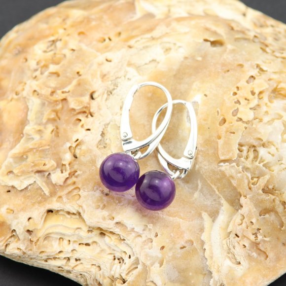 Silver (925) earrings with purple natural amethyst, diameter 8mm - Picture 5 of 12